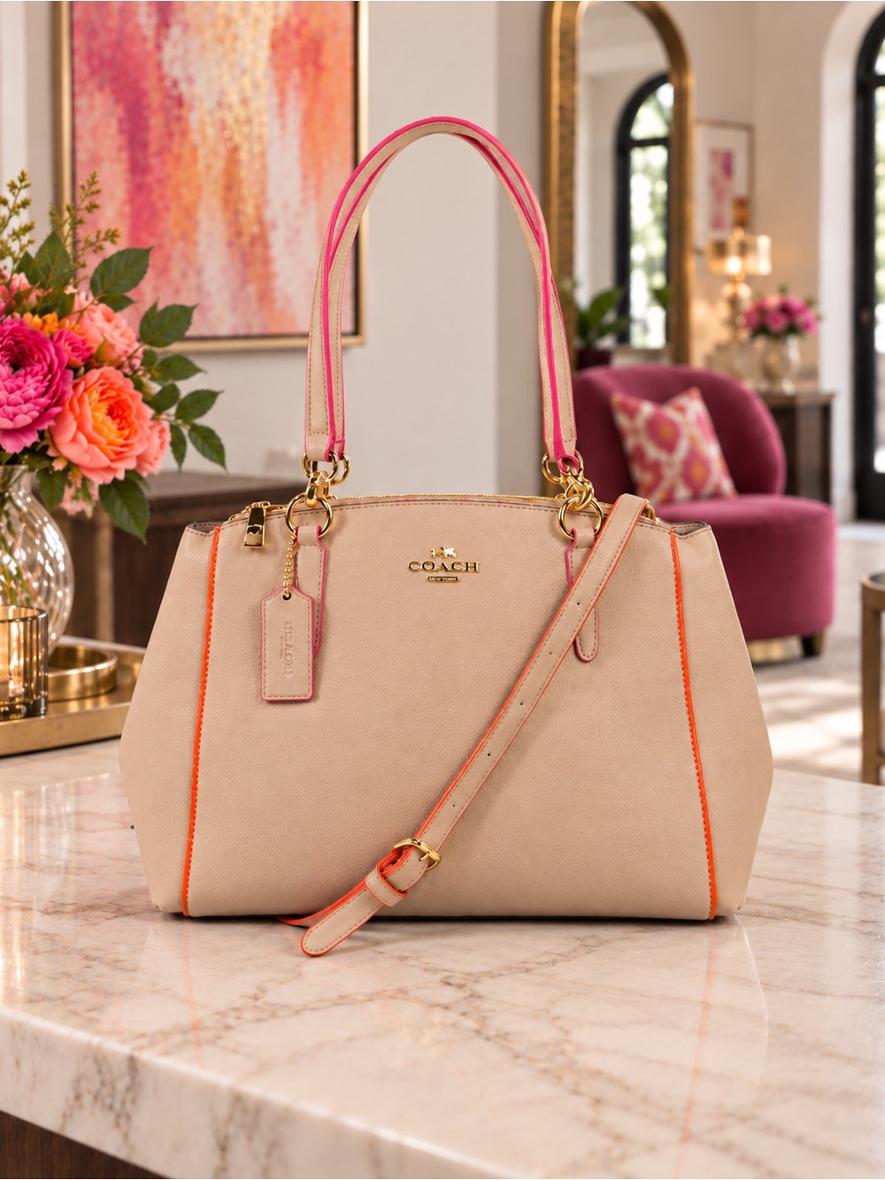COACH Christie Carryall Crossgrain Leather Beige Pink & Orange Trim 2017/F20476